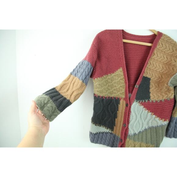 Vintage XS S Cardigan Cable Knit Patchwork Chunky Cottagecore Whismsigoth Cozy - Picture 9 of 12
